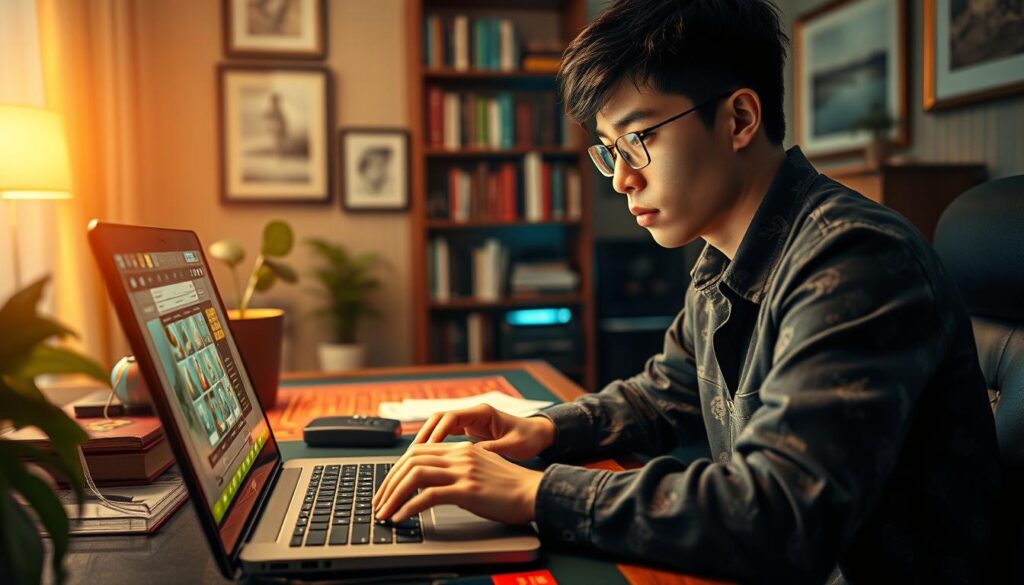 A bustling scene of a Taiwanese gambling enthusiast indulging in an online baccarat game. In the foreground, a young man sits intently before a laptop, his fingers deftly maneuvering the mouse as he carefully places his bets. The middle ground reveals a cozy home office setting, with bookshelves and framed artwork lending a sense of comfort and familiarity. The background is softly blurred, hinting at the wider world beyond this intimate gaming space. Warm, indirect lighting bathes the scene, creating a contemplative mood as the player becomes immersed in the thrill of the game. The composition conveys the appeal of online baccarat for Taiwanese players - the convenience, the sense of control, and the ability to enjoy the game in the comfort of their own homes.