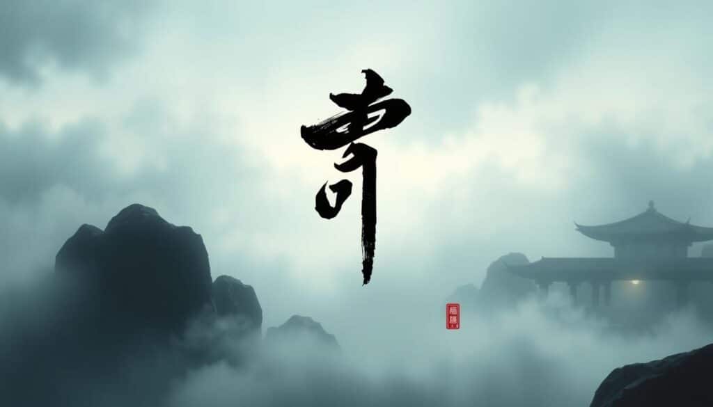 A calligraphic rendering of the Chinese character "無" floating in an ethereal, misty landscape. The character is rendered in bold, black strokes, with a sense of elegant simplicity and power. The background features a softly-lit, atmospheric setting with a hint of traditional East Asian elements, such as rocky outcroppings or pagoda-style structures, to create a meditative, contemplative mood. The lighting is subtle and understated, with gentle highlights that accentuate the brushwork and the character's form. The overall composition conveys a sense of balance, tranquility, and the profound meaning behind the concept of "無" - the idea of nothingness, emptiness, or the absence of attributes.