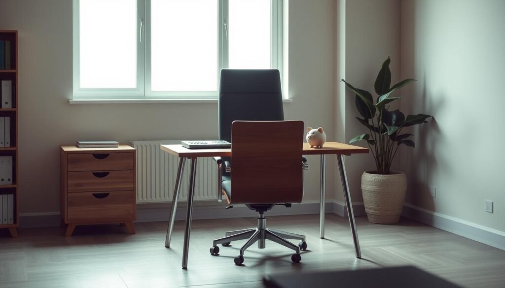 A calm, minimalist office interior with a wooden desk and chair. On the desk, a calculator, some financial documents, and a piggy bank. A large window behind the desk casts soft, natural lighting across the scene. The walls are painted a soothing neutral color, and a potted plant adds a touch of greenery. The overall mood is one of organization, control, and careful financial management. The composition emphasizes the centrality of the desk and the serene, focused atmosphere, reflecting the importance of responsible money management.