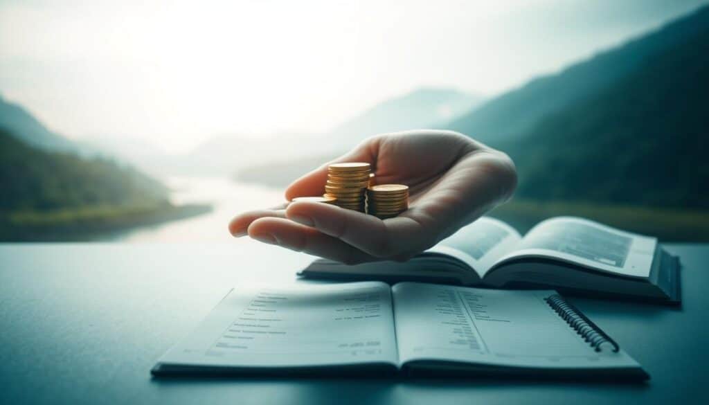 A calm, minimalist scene depicting the fundamentals of effective financial management. In the foreground, a hand gently holds a stack of golden coins, symbolizing the careful control and allocation of resources. The middle ground features a ledger book with meticulous entries, representing the importance of record-keeping and budgeting. In the background, a serene landscape with a tranquil river and verdant hills, conveying a sense of composure and balance. Soft, diffused lighting bathes the scene, creating a subdued, contemplative atmosphere. The overall composition emphasizes the discipline, organization, and peace of mind inherent in sound financial practices.