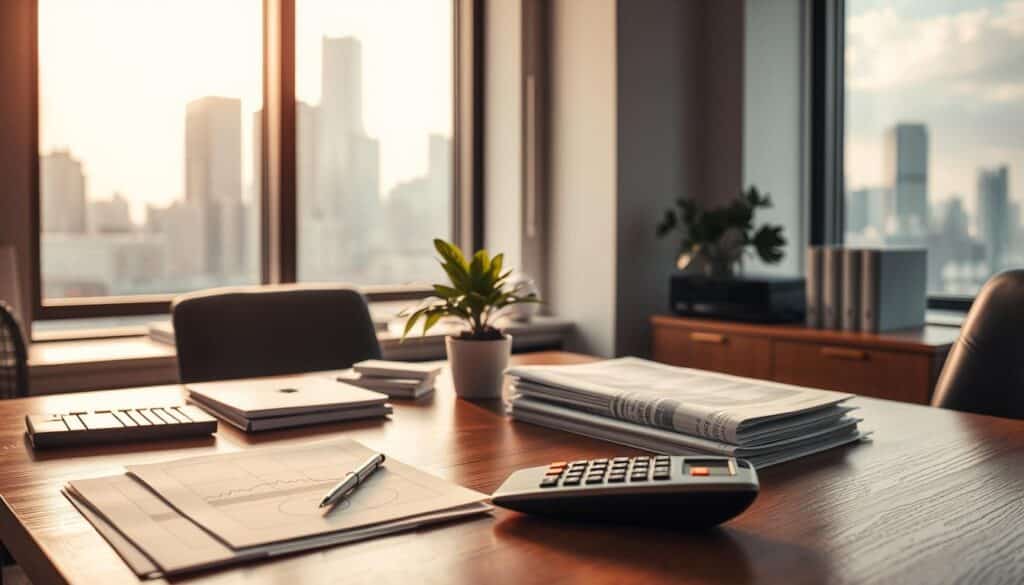 A calm, well-organized office setting with a wooden desk, a stack of financial reports, and a calculator. The lighting is soft and warm, creating a sense of focus and professionalism. In the background, a city skyline through a large window, suggesting the broader context of financial planning and decision-making. A potted plant on the desk adds a touch of natural elegance, while the angle of the camera is slightly elevated, giving the viewer a sense of authority and control over the scene. The overall mood is one of careful deliberation and prudent financial management.