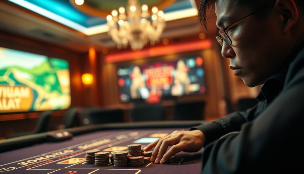 A captivating scene of a Taiwanese player immersed in a live online baccarat game. In the foreground, a skilled hand hovers over the betting table, delicately arranging chips with a practiced touch. The middle ground reveals a sleek, high-resolution display showcasing the game's vibrant graphics and live dealer. The background is softly blurred, creating a sense of focus and intensity. Warm, ambient lighting casts a subtle glow, heightening the suspense and anticipation. The player's expression is one of deep concentration, reflecting the thrill and challenge of navigating the strategic nuances of this beloved casino classic.