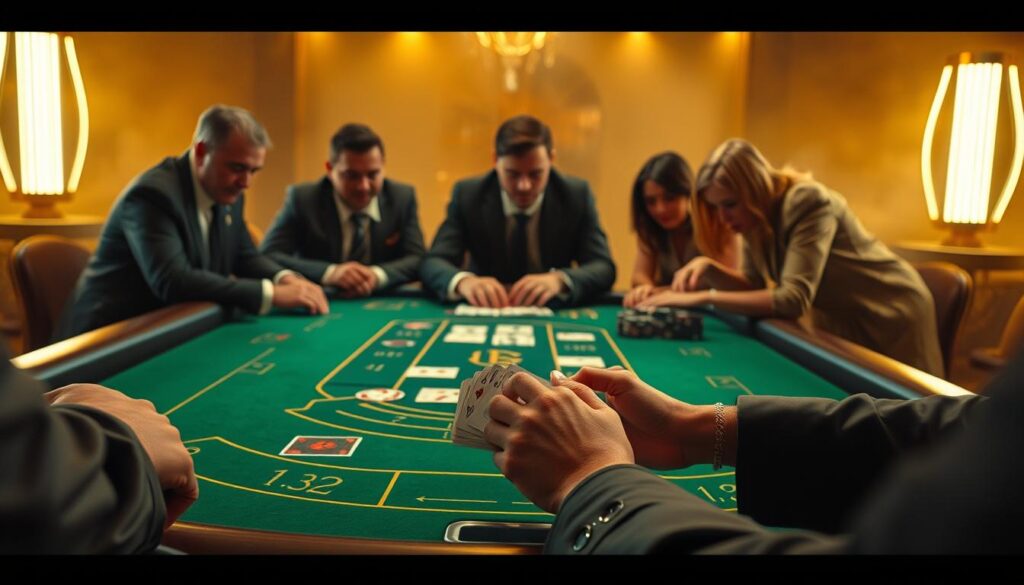 A captivating tableau of a baccarat gaming table, illuminated by warm, ambient lighting that casts a golden glow. The table's green felt surface is meticulously detailed, with clear markings and betting areas. In the foreground, the dealer's hands expertly handle the cards, their movements precise and calculated. Surrounding the table, a group of focused, well-dressed players lean in, their expressions a mix of concentration and anticipation. The background is hazy, drawing the viewer's attention to the high-stakes action at the table. The overall scene exudes an air of sophistication and the thrill of the game, capturing the essence of the "Baccarat Winning Secrets" section of the article.