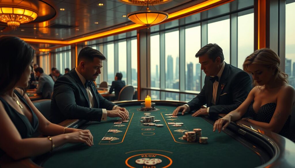 A casino interior bathed in warm, golden lighting, with a baize-covered baccarat table as the central focus. The table is surrounded by elegantly dressed patrons, their faces marked by keen concentration as they study the cards and chips before them. In the background, a panoramic view of the city skyline can be seen through large windows, creating a sense of sophistication and exclusivity. The scene conveys the calculated application of psychological principles, where players harness cognitive biases and emotional responses to gain an edge in the high-stakes game of baccarat.