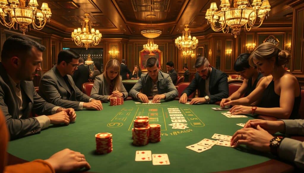 A casino interior with a baccarat table as the focal point, bathed in warm, inviting lighting. The table is surrounded by attentive players, their faces intent as they study their cards. The table surface reflects the elegant green felt, with stacks of chips and playing cards neatly arranged. In the background, subtle details like chandeliers, gilded accents, and plush seating create an atmosphere of sophistication and excitement. The scene conveys a sense of trust and confidence in the gameplay, as the players appear engaged and comfortable in their surroundings.