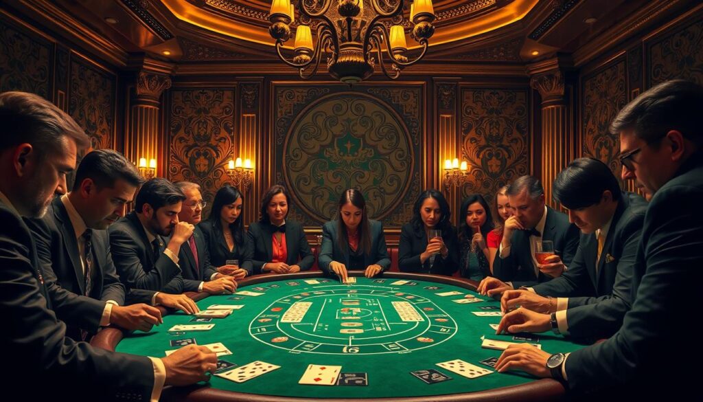 A casino interior with ornate decor, featuring a baccarat table at the center. The table is illuminated by warm chandelier lighting, casting a soft glow on the green felt surface. Around the table, players lean in, studying their cards intently, expressions of concentration etched on their faces. Elegant, well-dressed individuals observe the game, sipping drinks, deep in thought about their next strategic move. In the background, the walls are adorned with intricate baroque patterns, evoking the grandeur and excitement of high-stakes gambling. The overall mood is one of intense focus, anticipation, and the thrill of calculated risk-taking.