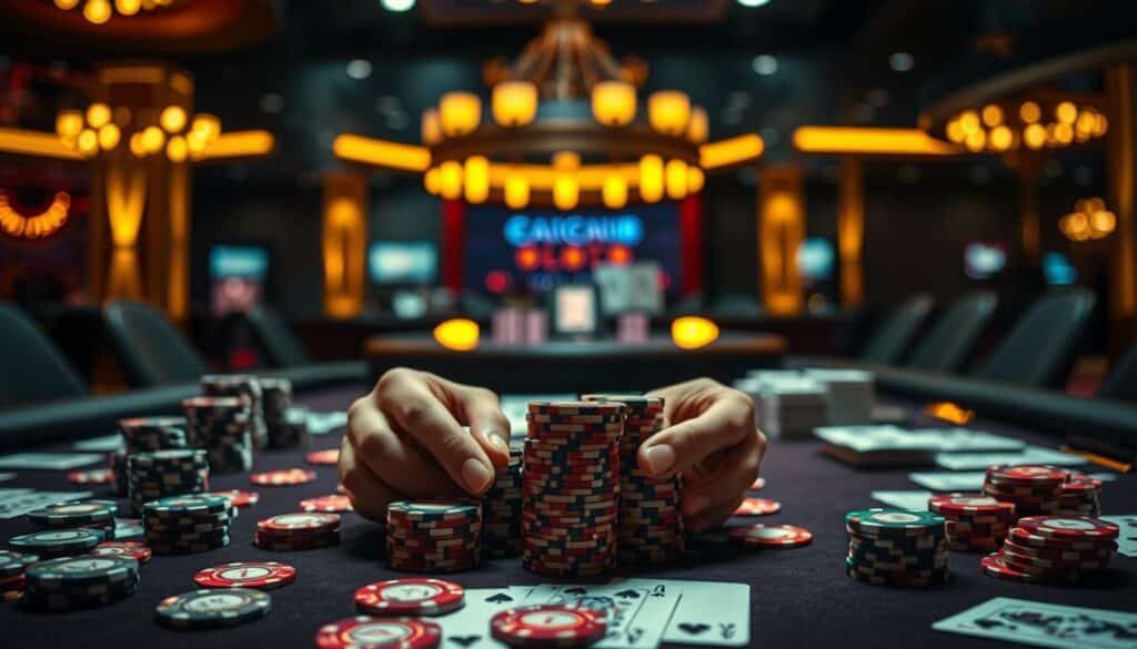 A casino table filled with poker chips, cards, and casino tokens, lit by warm, ambient lighting from above. In the foreground, a pair of hands carefully stacking and arranging the chips, conveying the importance of strategic money management. The middle ground showcases the various elements of the baccarat game, including the dealer's station and playing cards, emphasizing the game's mechanics. The background blurs into a dimly lit, luxurious casino atmosphere, creating a sense of high-stakes excitement. The overall composition suggests the critical role of prudent bankroll management in maximizing one's chances of success in the baccarat game.