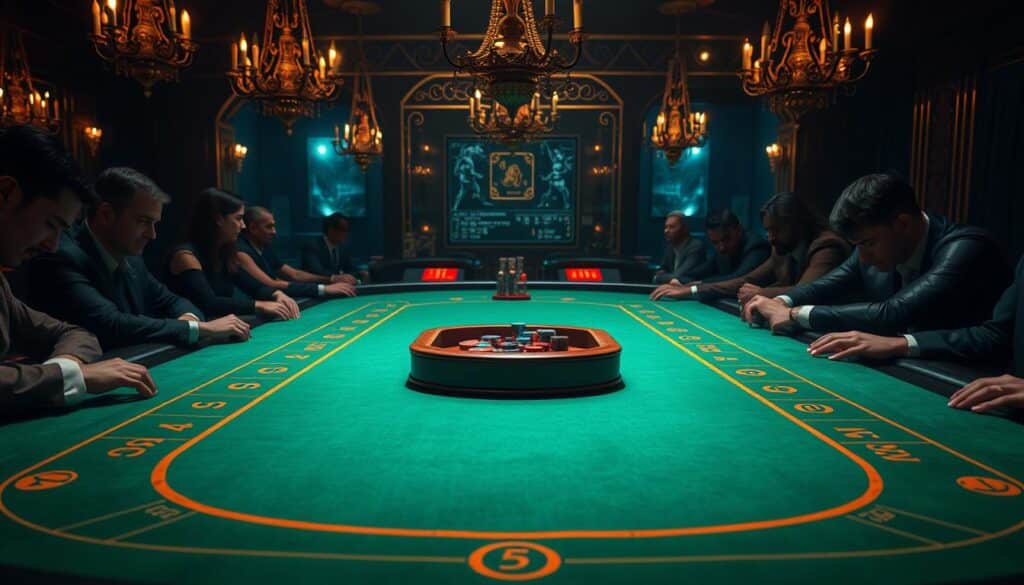 A casino table in a dimly lit, luxurious room. The green felt surface is pristine, with the outlines of the baccarat playing area clearly defined. In the center, the iconic baccarat dealer's tray sits, ready to host the cards and chips. Ornate chandeliers cast a warm, golden glow over the scene, creating a sense of elegance and exclusivity. The table is surrounded by players, their faces obscured in shadow, leaning intently over the table, engaged in the game's strategic decisions. The atmosphere is one of anticipation and concentration, as the rules and gameplay of this centuries-old casino classic unfold.