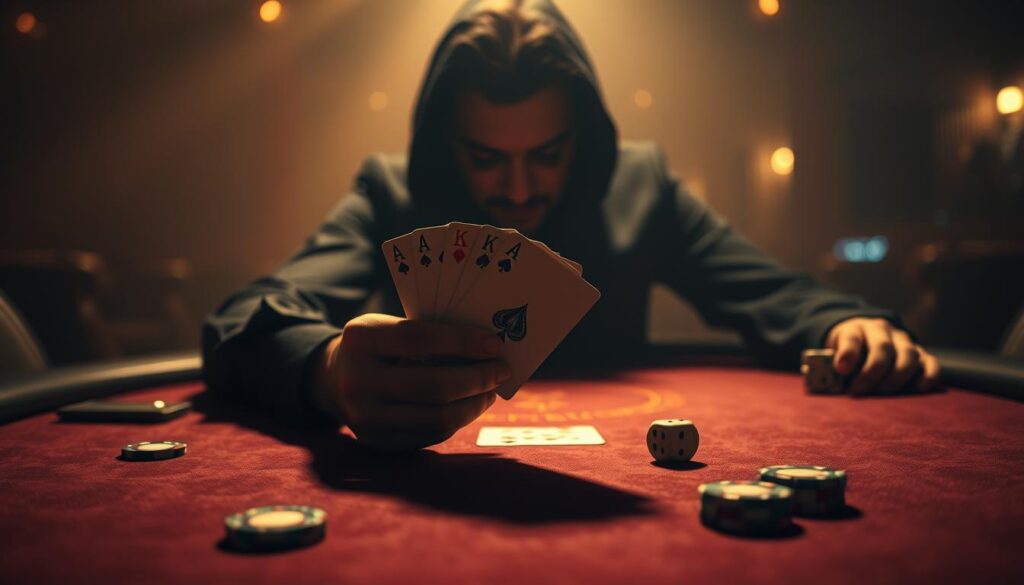 A casino table set against a dimly lit, atmospheric backdrop. In the foreground, a pair of hands grasping playing cards, their owner's face obscured by shadows, conveying a sense of contemplation and psychological tension. The table is adorned with chips and a single dice, hinting at the high-stakes nature of the game. Soft, warm lighting casts an air of intensity, while the overall composition suggests the strategic and emotive aspects of the baccarat experience.