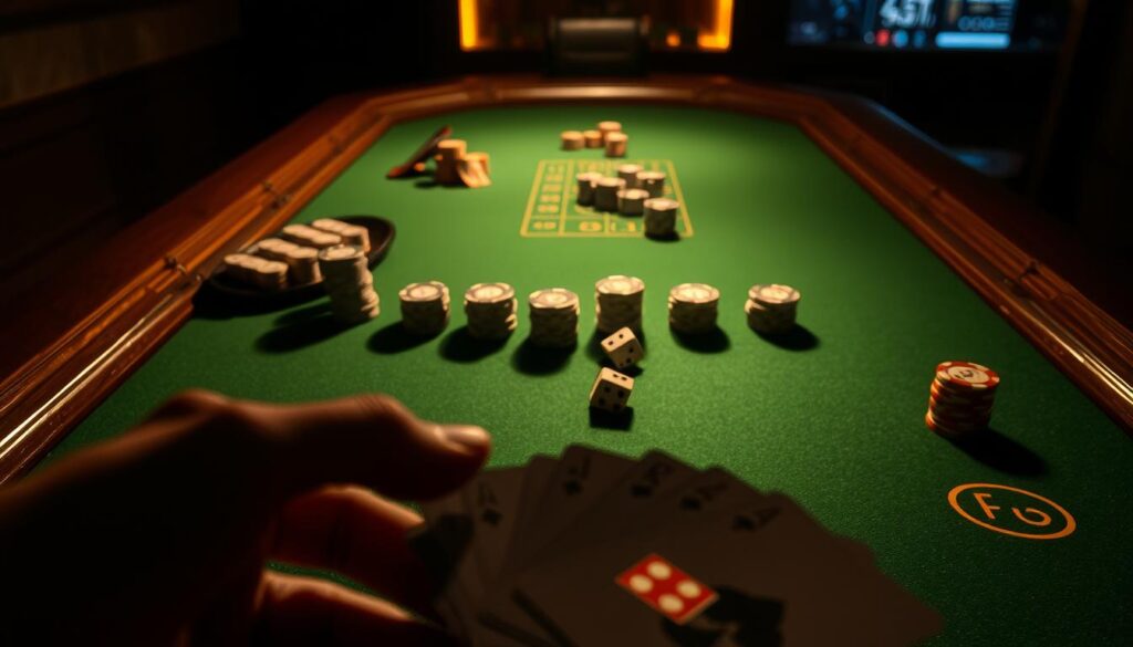 A casino table set against a dimly lit background, with a green felt surface and a wooden frame. The table is adorned with casino chips in various denominations, neatly arranged in stacks. A pair of dice rests on the table, casting long shadows across the surface. The scene is illuminated by soft, warm lighting, creating a cozy and inviting atmosphere. In the foreground, a hand holds a set of playing cards, partially obscured, hinting at the strategies and techniques employed by experienced baccarat players. The focus is on the table and the tools of the trade, conveying a sense of expertise and strategic contemplation.