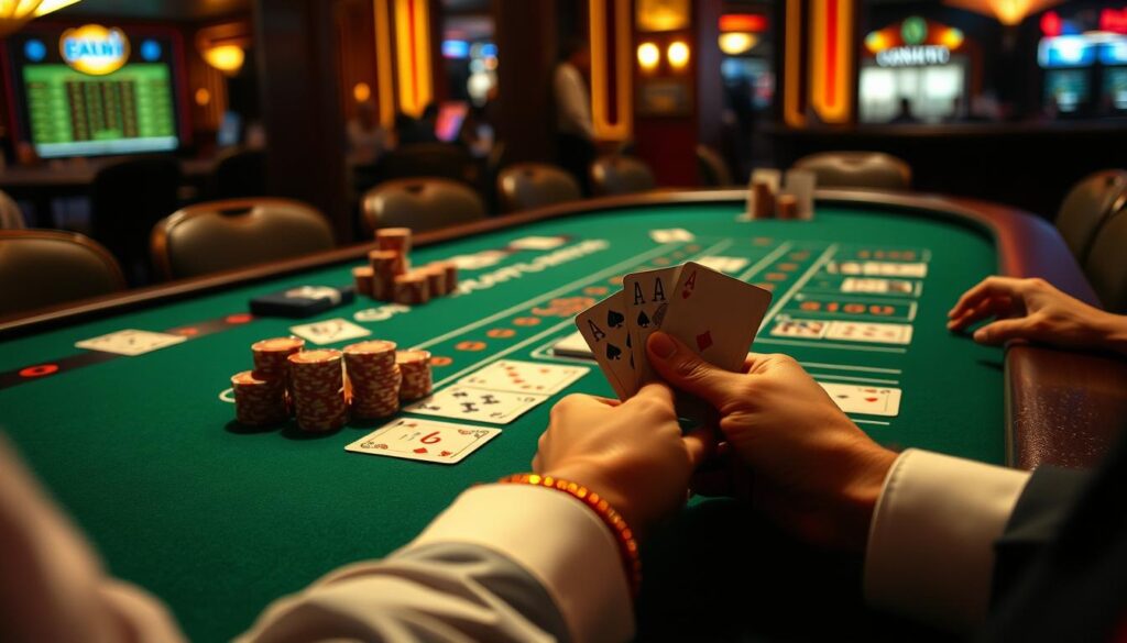 A casino table set for a lively game of Baccarat, the cards and chips arranged in an orderly fashion. The table's felt surface is a rich, deep green, creating a sense of sophistication. The lighting is soft and warm, casting a gentle glow over the proceedings. In the foreground, a player's hands are visible, deftly handling the cards, showcasing the smooth, precise movements required to master the game. The background features the subtle details of a casino environment, hinting at the excitement and energy of the gaming floor. The overall scene conveys the elegance and finesse of the Baccarat experience, inviting the viewer to explore the simple yet captivating techniques of this classic card game.
