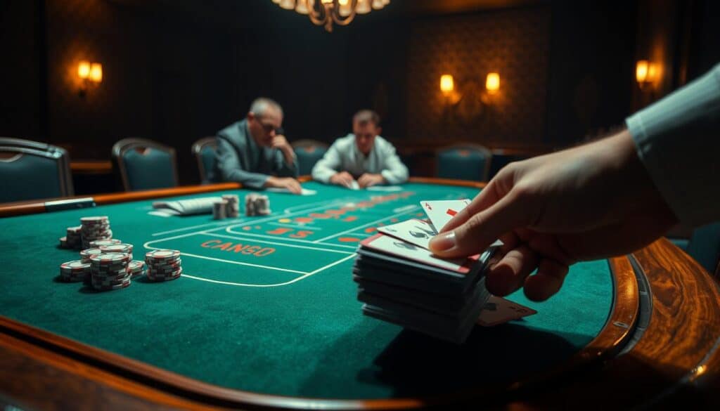 A casino table with a green felt surface, detailed wooden edges, and classic casino chips in various denominations. In the foreground, a hand is dealing cards from a deck, the cards partially obscured. In the middle ground, several players are seated, contemplating their bets and strategies. The lighting is soft and warm, creating a sense of anticipation and concentration. The background features the muted ambiance of a traditional casino, with subtle patterns and textures on the walls. The overall atmosphere evokes the thrill and strategy of the baccarat game.