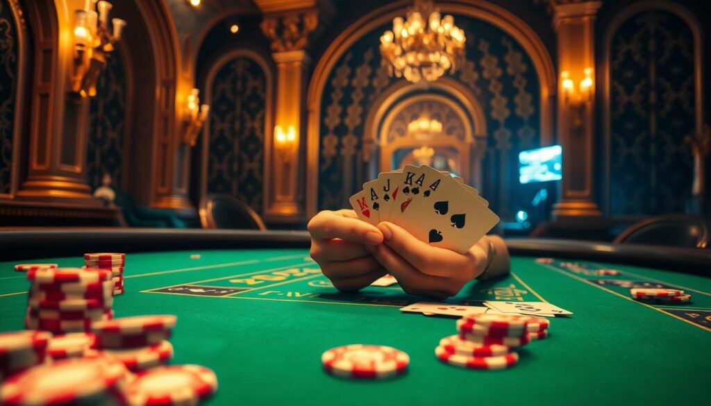 A casino table with a green felt surface, illuminated by warm, ambient lighting. In the foreground, casino chips in various denominations are scattered, hinting at strategic gameplay. The middle ground features a pair of hands carefully manipulating the cards, demonstrating the controlled and measured approach to Baccarat. In the background, a sense of opulence and luxury is conveyed through ornate architecture, with subtle patterns and textures adding depth and visual interest. The overall mood is one of poise, focus, and the pursuit of sustained, stable profits through skillful decision-making in the Baccarat game.