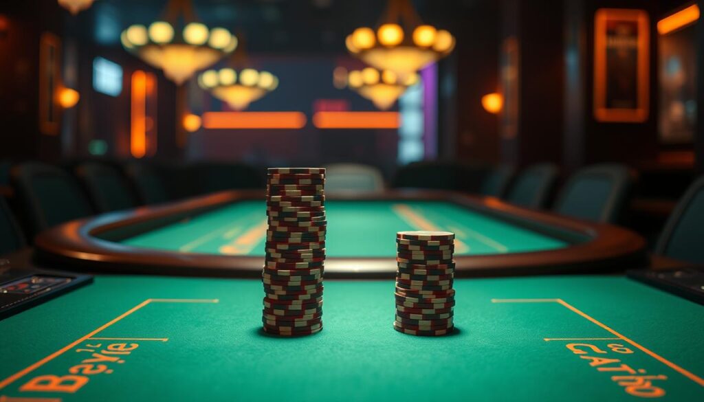 A casino table with a green felt surface, illuminated by warm ambient lighting. On the tabletop, two stacks of casino chips representing the "Banker" and the "Player" sides of a baccarat game. The Banker's stack is slightly taller, indicating a higher win rate compared to the Player's stack. The table is empty, creating a sense of anticipation for the next round. The scene has a clean, sophisticated aesthetic, evoking the high-stakes excitement of a professional baccarat game in a luxurious casino setting.