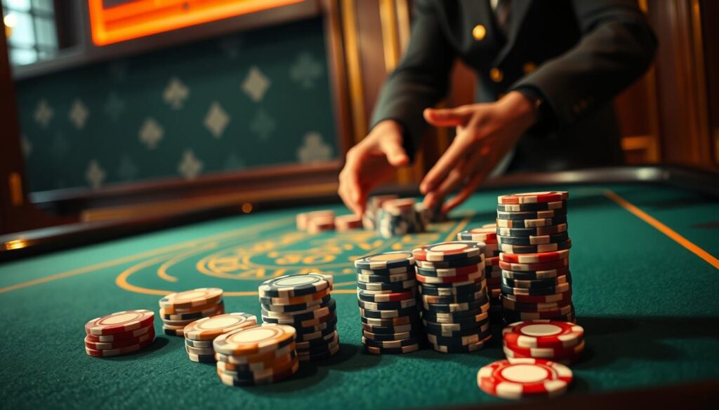 A casino table with a green felt surface, surrounded by wooden panels and brass accents. In the foreground, poker chips of various denominations are neatly stacked, representing different betting strategies. In the middle ground, a pair of hands carefully managing a stack of chips, illustrating the concept of bankroll management. The background features a subtle pattern of playing card suits, creating a sense of the gaming environment. The lighting is warm and inviting, with a focus on the nuanced interplay of the betting methods and financial discipline required for successful gameplay.