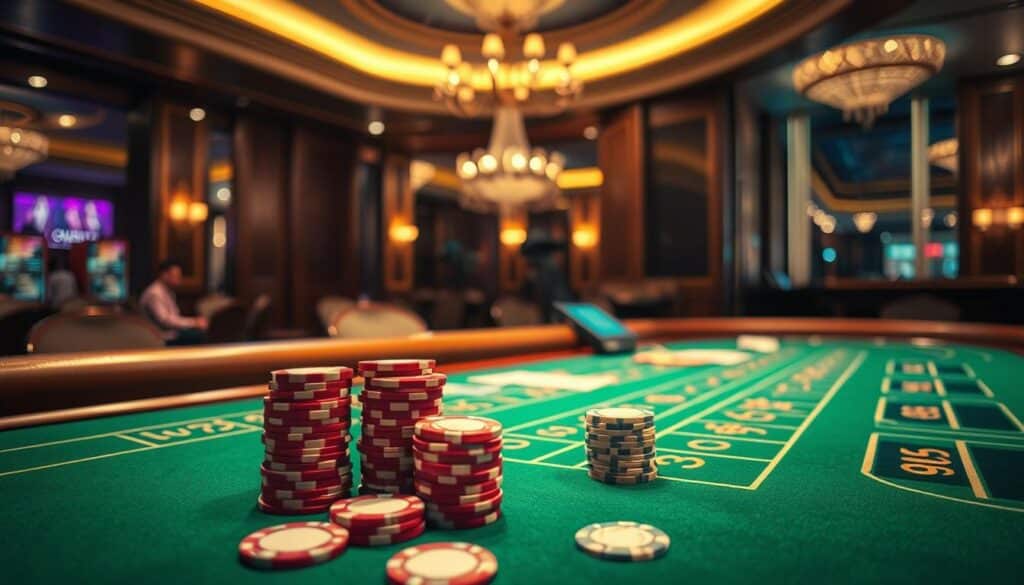 A casino table with a green felt surface, the traditional Baccarat layout visible. Crisp, bright lighting casts subtle shadows, highlighting the fine details of the table's carved wooden trim. In the foreground, stacks of casino chips in various denominations are arranged neatly, suggesting the strategic placement of bets. The background features a dimly lit, luxurious casino interior, conveying an air of exclusivity and high-stakes gaming. The overall scene evokes a sense of calculated decision-making and the thrill of the Baccarat experience.