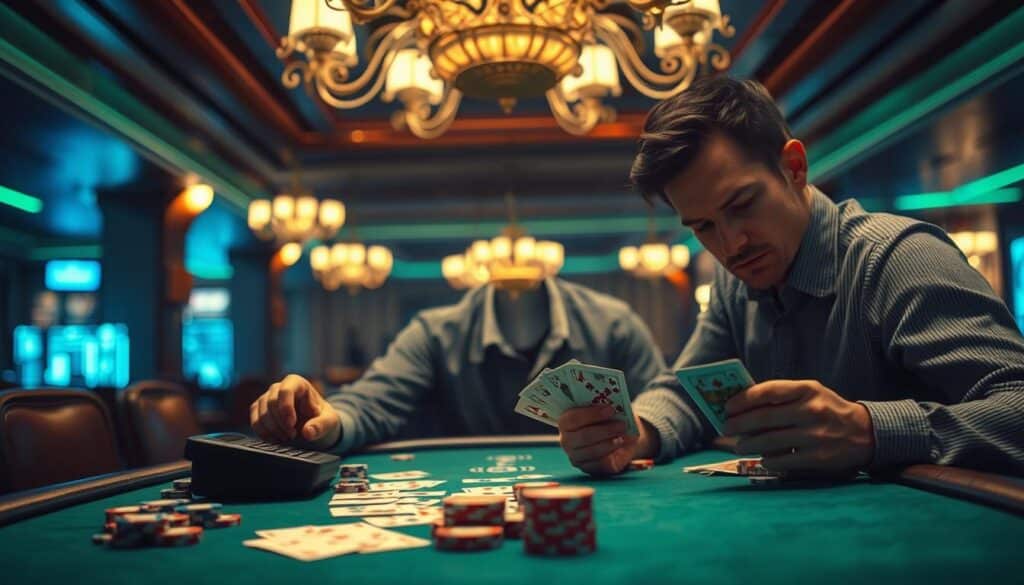 A casino table with a well-worn green felt surface, illuminated by soft, warm lighting from overhead chandeliers. On the table, playing cards are neatly arranged, along with chips and a calculator, indicating a player engaged in the intricate art of card counting. The player's face is focused, brow furrowed in concentration, as they carefully analyze the cards, seeking to uncover the optimal strategy for the next hand. The atmosphere is one of quiet intensity, with the hushed sounds of the casino floor providing a subtle backdrop to the player's methodical movements. The scene conveys the dedication and skill required to master the technique of "算牌", a crucial element in the pursuit of winning at baccarat.