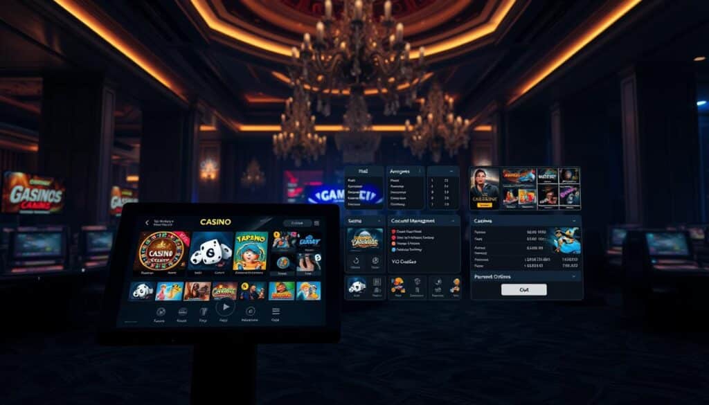 A casino user interface set in a dimly lit, luxurious environment. In the foreground, a sleek, modern display showcases various casino games with vibrant graphics and intuitive controls. The middle ground features a seamless integration of game selection, account management, and payment options, all designed with a clean, minimalist aesthetic. The background hints at the grandeur of the casino, with subtle lighting accentuating the elegant décor and creating a sense of sophistication. The overall composition conveys a user-friendly, immersive experience that caters to the discerning needs of online casino enthusiasts.