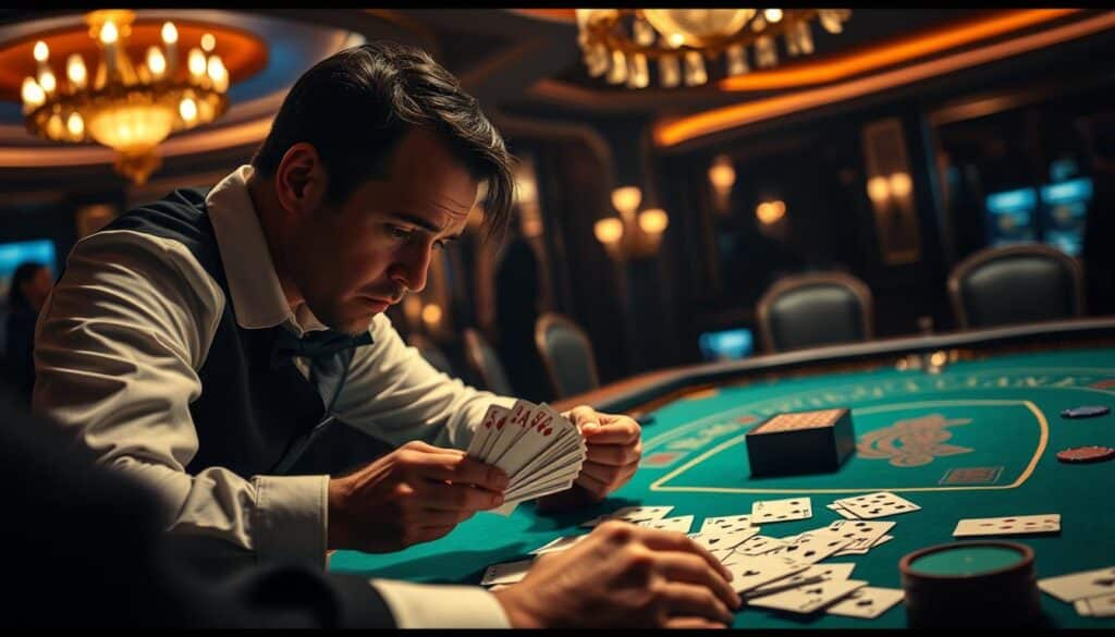 A cinematic, high-contrast scene depicting the strategy of predicting baccarat outcomes. In the foreground, a skilled player intently examines a spread of playing cards, deep in thought. The middle ground showcases the elegant baccarat table, green felt surface reflecting the warm glow of strategic lighting. In the background, a dimly lit casino environment with hints of luxury and opulence. The overall atmosphere evokes a sense of concentration, calculation, and the thrill of the game. Captured with a shallow depth of field and moody chiaroscuro lighting to emphasize the subject's intense focus.
