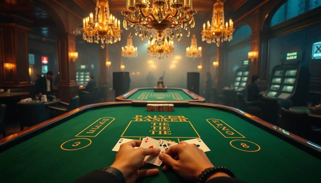 A classic baccarat table set against a warm, dimly lit casino atmosphere. The green felt surface is adorned with the iconic baccarat layout, with distinct areas for player, banker, and tie bets. Elegant wooden rails frame the table, casting soft shadows. Crystal chandeliers hang overhead, casting a golden glow across the scene. In the foreground, the dealer's hands deftly shuffle and deal the cards, the game unfolding with an air of refined sophistication. The background is hazy, with the faint silhouettes of other gaming tables and well-dressed patrons, creating a sense of immersion in the excitement of the casino.