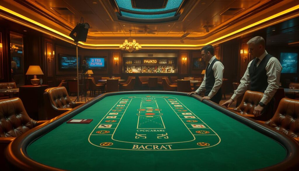 A classic casino setting, with a green felt-covered baccarat table in the foreground. Dealers in crisp white shirts and black vests stand ready, overseeing the game. Plush leather chairs surround the table, inviting players to take their seats. In the background, a dimly lit lounge area with a fully stocked bar, creating an atmosphere of refined sophistication. Warm, golden lighting casts a glow over the scene, adding to the allure of the baccarat gameplay. The overall mood is one of elegance, anticipation, and the thrill of high-stakes casino entertainment.