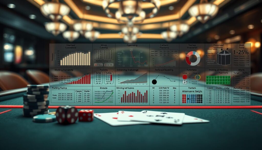 A clean, minimalist table with a detailed visual analysis of various betting strategies for the game of Baccarat. The foreground features a set of casino chips, dice, and playing cards, symbolizing the key elements of the game. The middle ground showcases a series of charts, graphs, and data visualizations, providing a comprehensive overview of winning probabilities, odds, and optimal betting patterns. The background is a softly blurred casino interior, with subtle lighting and a muted color palette creating a contemplative, analytical atmosphere. The overall composition conveys a sense of strategic thinking, data-driven decision-making, and a deep understanding of the game's mechanics, crucial for any serious Baccarat player seeking to improve their success rate.