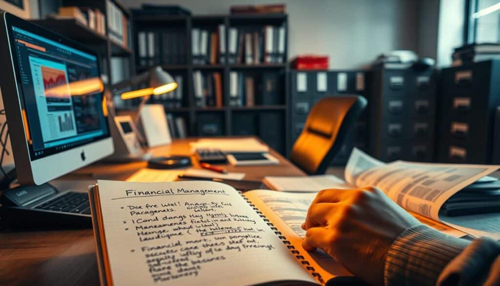 A clean, well-organized office interior with a desktop computer, calculator, and organized financial documents. Soft, warm lighting illuminates the scene, creating a contemplative atmosphere. The foreground features an open notebook with hand-written notes on financial management techniques. The middle ground showcases a person's hands meticulously reviewing financial statements. The background includes shelves of reference books and filing cabinets, conveying a sense of financial expertise and control. The overall composition emphasizes the importance of careful, disciplined money management.