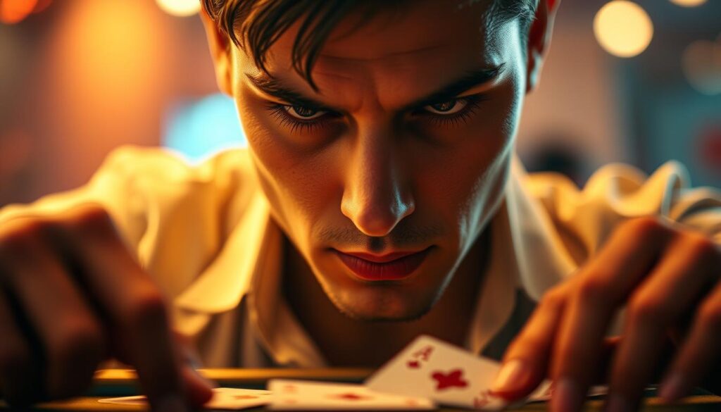 A close-up view of a person's face, their eyes intently focused on a table of cards, reflecting the intense psychological factors involved in the game of baccarat. Soft, warm lighting illuminates their features, creating a pensive, introspective atmosphere. The background is blurred, placing the emphasis on the player's expression and emotional state. The image conveys the delicate balance between logic, intuition, and emotional control required to succeed in this sophisticated casino game.