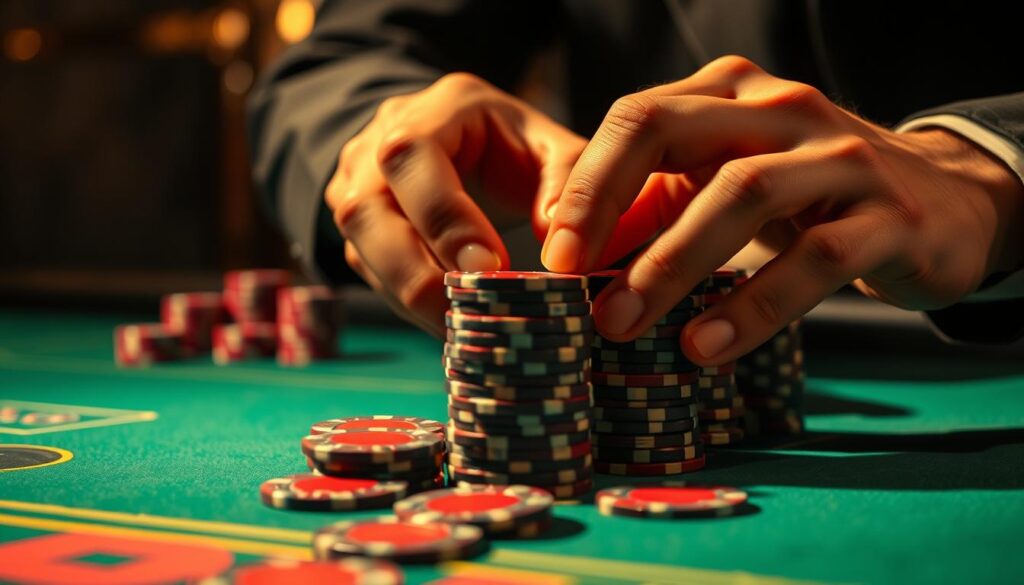 A closeup shot of a player's hands skillfully stacking and manipulating casino chips on a green baize table. The lighting is warm and dramatic, casting shadows that accentuate the texture and weight of the chips. The chips are arranged in neat piles and carefully positioned, conveying a sense of strategy and control. The background is slightly blurred, keeping the focus on the intricate handling of the chips. The overall mood is one of concentration, expertise, and the thrill of the game of Baccarat.
