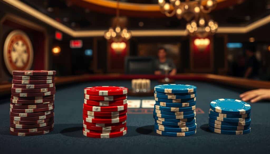 A comparison of the win rates between the banker and the player in a Baccarat table. The foreground depicts two stacks of casino chips, one in red representing the banker's wins, and the other in blue representing the player's wins. The middle ground shows a Baccarat table with playing cards and a dealer's hand. The background features a dimly lit casino atmosphere, with subtle lighting and a sense of hushed anticipation. The scene conveys an analytical, data-driven approach to understanding the dynamics of the game, emphasizing the importance of studying the statistical trends between the banker and player outcomes.