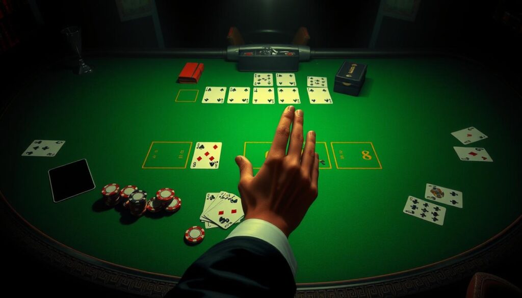 A comprehensive and visually engaging illustration of the "百家樂 (Baccarat) game rules". Set against a dimly lit casino backdrop, with a green baize table taking center stage. On the table, meticulously detailed playing cards, betting chips, and a croupier's hand gesture demonstrate the key gameplay mechanics. Soft, dramatic lighting casts shadows, creating a sense of atmosphere and tension. The composition balances clarity of information with an artistic, cinematic aesthetic, drawing the viewer into the strategic world of this classic casino game.