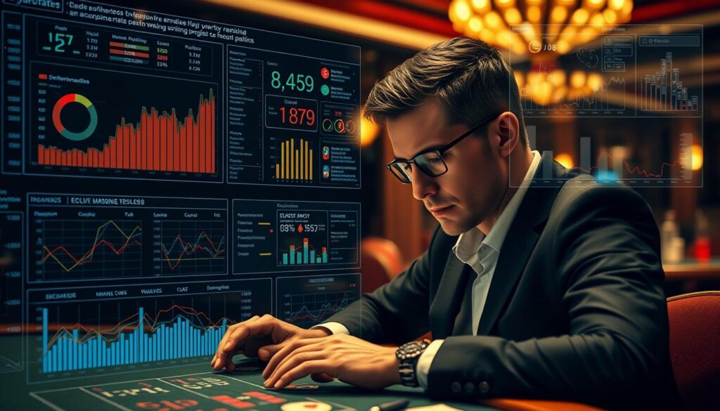 A comprehensive data analysis visualization depicting the methods to enhance winning rates in baccarat. The foreground showcases a detailed charts and graphs highlighting key performance metrics, win-loss ratios, and strategic decision-making insights. The middle ground depicts a professional baccarat player intently studying the data, with a focused expression. The background subtly suggests the ambiance of a casino, with muted lighting and the faint outlines of gaming tables. The overall mood conveys a sense of analytical rigor, strategic thinking, and the potential to elevate one's baccarat gameplay through data-driven approach. Captured with a shallow depth of field using a professional camera lens, emphasizing the central subject.