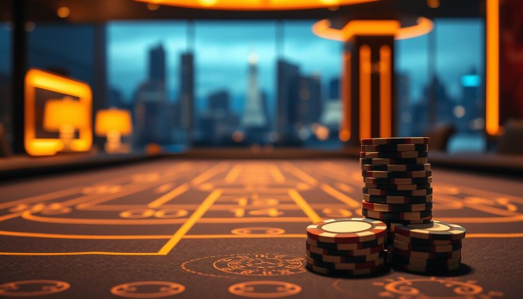 A comprehensive review of baccarat game odds, depicted in a visually striking manner. The scene showcases a meticulously crafted casino table, bathed in warm, ambient lighting that creates a sophisticated ambiance. The table's felt surface is adorned with elegant lines and patterns, hinting at the strategic depth of the game. In the foreground, a stack of casino chips in various denominations is neatly arranged, suggesting the financial considerations involved. The background features a subtle, blurred cityscape, evoking the urban setting where such games are often played. The overall composition conveys a sense of thoughtful analysis and informed decision-making, reflecting the section's focus on the latest updates and trends in online baccarat for Taiwanese players.