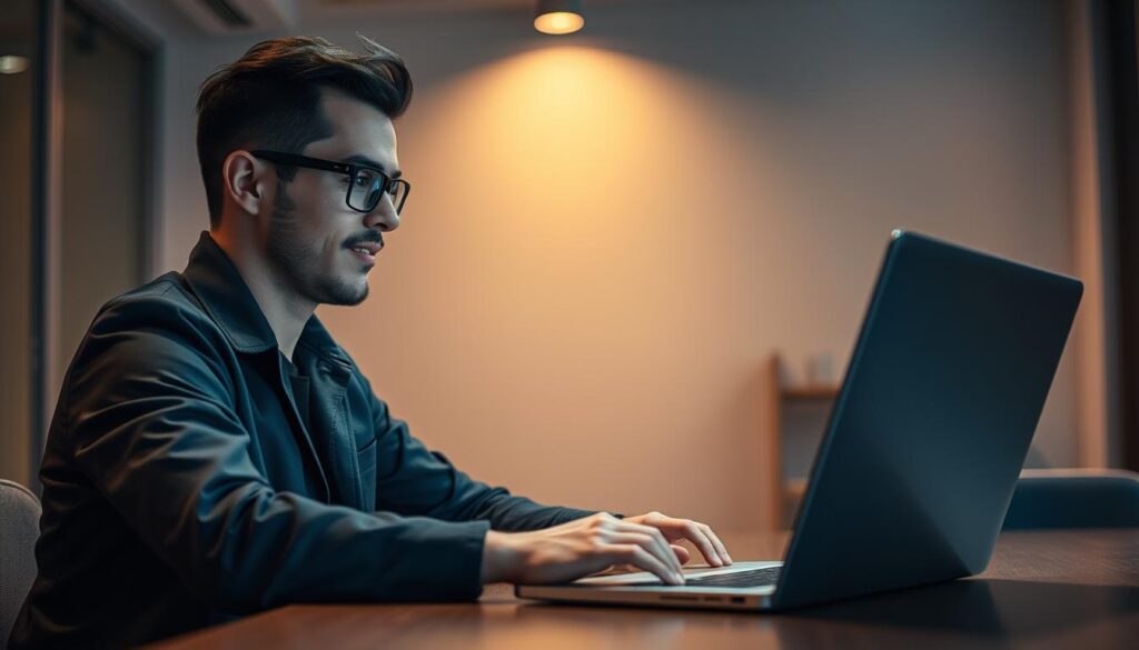 A confident, focused individual sits at a table, their gaze transfixed on a laptop screen. The lighting is soft and warm, creating a contemplative atmosphere. In the background, a modern, minimalist office space with clean lines and muted tones serves as a backdrop. The player's body language exudes a sense of determination and mastery, their fingers moving swiftly across the keyboard as they navigate the online casino interface. A subtle smile plays on their lips, hinting at the excitement and satisfaction of a successful gaming session. The scene conveys the essence of a skilled, experienced player who has honed their strategies and decision-making abilities to excel in the world of online baccarat.