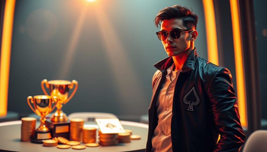 A confident individual standing tall, exuding an aura of determination and focus. The scene showcases an array of symbols representing the winning mindset in online baccarat - a stack of gold coins, a trophy, and a playing card displaying the ace of spades. Illuminated by a warm, golden light, the figure is depicted in a clean, modern setting, suggesting a sense of control and mastery over the game. The overall composition conveys a feeling of success, empowerment, and the ability to overcome the challenges of online baccarat.