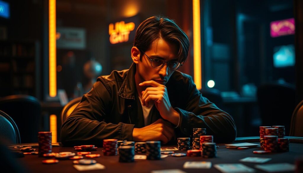 A contemplative game player sits in a dimly lit room, deep in thought. The table before them is scattered with casino chips, playing cards, and gaming accessories, hinting at the strategic complexities of the game. Soft, warm lighting casts a introspective glow, emphasizing the player's focused expression as they ponder their next move. The background is blurred, drawing the viewer's attention to the central figure and the psychological dimensions of gameplay. The scene conveys a sense of concentration, strategy, and the mental acuity required to excel at high-stakes casino games.