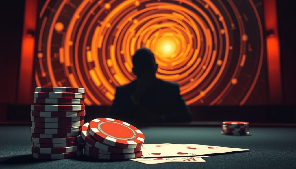 A contemporary art piece depicting the art of Baccarat bankroll management. In the foreground, a stylized stack of poker chips and playing cards, evoking the thrills and risks of the casino. The middle ground features a shadowy figure, deep in contemplation, representing the strategic mindset required for effective bankroll control. In the background, a swirling vortex of geometric shapes and lines, suggestive of the complex mathematical principles underlying successful Baccarat betting tactics. Warm, moody lighting casts dramatic shadows, heightening the sense of tension and intrigue. Rendered in a bold, minimalist aesthetic that blends realism and abstraction, the image conveys the refined essence of Baccarat bankroll mastery.