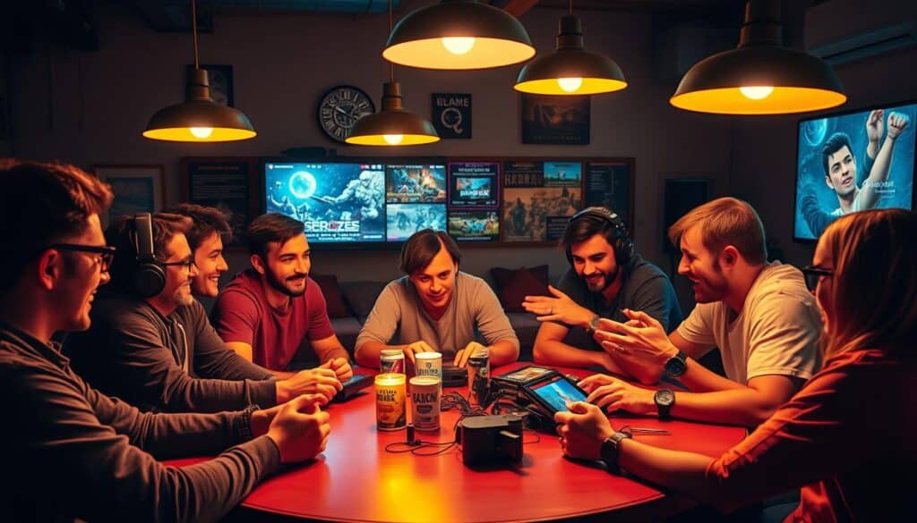 A cozy and inviting game community gathering, with players enthusiastically sharing their gaming experiences around a circular table. Warm lighting from overhead lamps casts a soft glow, creating an intimate and engaging atmosphere. The players' faces are animated, their hands gesturing as they describe memorable moments and strategies. In the background, a wall-mounted display showcases game screenshots and artwork, hinting at the diverse range of titles discussed. The overall scene conveys a sense of camaraderie, passion, and a shared love for the gaming hobby.