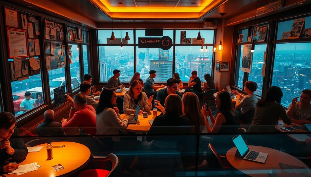 A cozy café interior, with floor-to-ceiling windows offering a panoramic view of a bustling cityscape outside. Warm, inviting lighting casts a soft glow across the room, where patrons are gathered around small round tables, laptops and phones in hand, engaged in animated discussions. The walls are adorned with framed user reviews, handwritten notes, and polaroid snapshots, reflecting the diverse experiences and perspectives of the café's loyal customers. In the foreground, a group of friends are gathered around a central table, gesturing animatedly as they share their thoughts and impressions. The overall atmosphere is one of vibrant camaraderie, where the exchange of ideas and the sense of community take center stage.