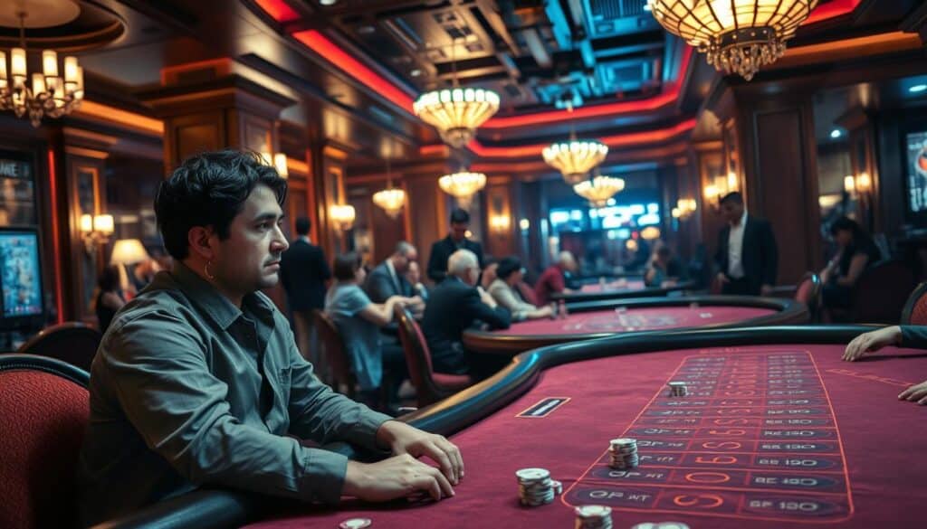 A cozy casino interior with warm lighting, wooden accents, and plush velvet furnishings. In the foreground, a player sits at a baccarat table, deep in thought as they carefully consider their betting strategy. The table is surrounded by an array of betting chips in various denominations, reflecting the careful planning and analysis required to select the optimal wagering approach. The middle ground features other players engaged in the game, their faces furrowed in concentration. In the background, the room is filled with an atmosphere of anticipation and excitement, as onlookers eagerly await the outcome of the next hand. This scene conveys the strategic nature of choosing the right betting strategy to navigate the thrills and challenges of the baccarat table.