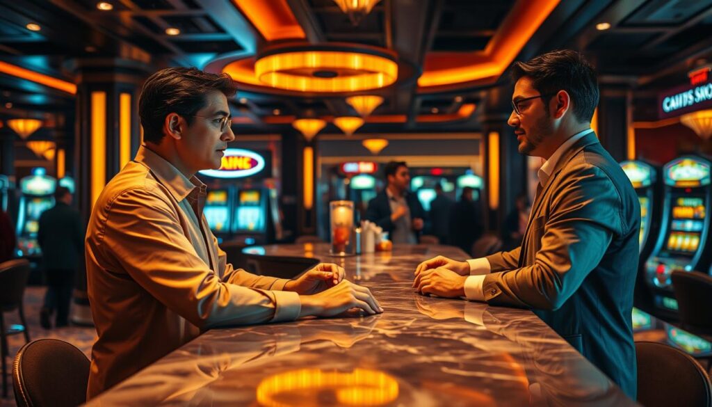 A cozy, dimly lit casino interior with a focused customer service agent assisting a well-dressed customer at a sleek, marble-topped counter. Warm lighting casts a golden glow, creating an inviting atmosphere. The agent's expression is attentive and professional as they engage in a helpful conversation. In the background, the faint sounds of slot machines and chatter create a bustling yet refined ambiance. The overall scene conveys a sense of quality service and attention to customer needs within the high-end casino setting.