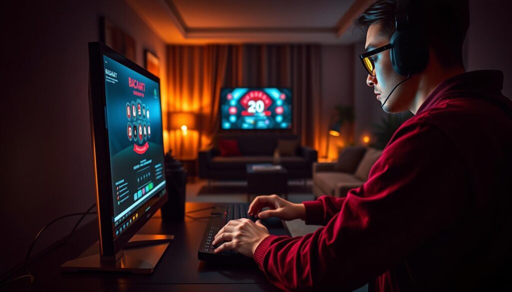 A cozy gaming setup with a player deeply immersed in an intense online baccarat game. The foreground features a sleek, modern desktop computer with a high-resolution display, surrounded by a minimalist desk setup. The middle ground showcases the player's hands expertly navigating the game interface, their face illuminated by the soft glow of the screen. The background is a dimly lit, contemporary living room, creating a sense of privacy and focus. The lighting is warm and inviting, with subtle shadows adding depth and atmosphere. The overall composition conveys a sense of concentration, immersion, and the thrilling experience of online gaming.