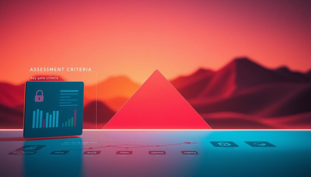 A crisp, minimalist layout showcasing the key assessment criteria for online gaming platforms. In the foreground, a sleek dashboard displays intuitive metrics like security, fairness, user experience, and transparency. The middle ground features abstract geometric shapes in a soothing color palette, subtly alluding to the platform's underlying infrastructure. The background is a softly blurred landscape, evoking a sense of digital tranquility. Warm, directional lighting casts an inviting glow, while a wide-angle lens captures the balanced, professional composition. The overall mood is one of trustworthiness, clarity, and technological sophistication - qualities essential for a reputable online gaming platform.