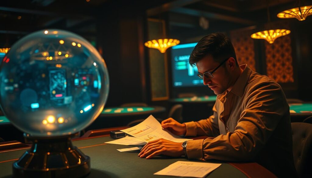 A crystal ball hovers in the foreground, its glowing interior casting a warm, mystical light across the scene. In the middle ground, a mathematician pores over charts and graphs, deep in thought, their face illuminated by the ethereal glow. The background depicts a dimly lit casino, with the iconic green felt tables and the faint silhouettes of players, creating an air of anticipation and suspense. The overall atmosphere is one of focused contemplation, hinting at the power of predictive analysis to uncover the secrets of the game of Baccarat.