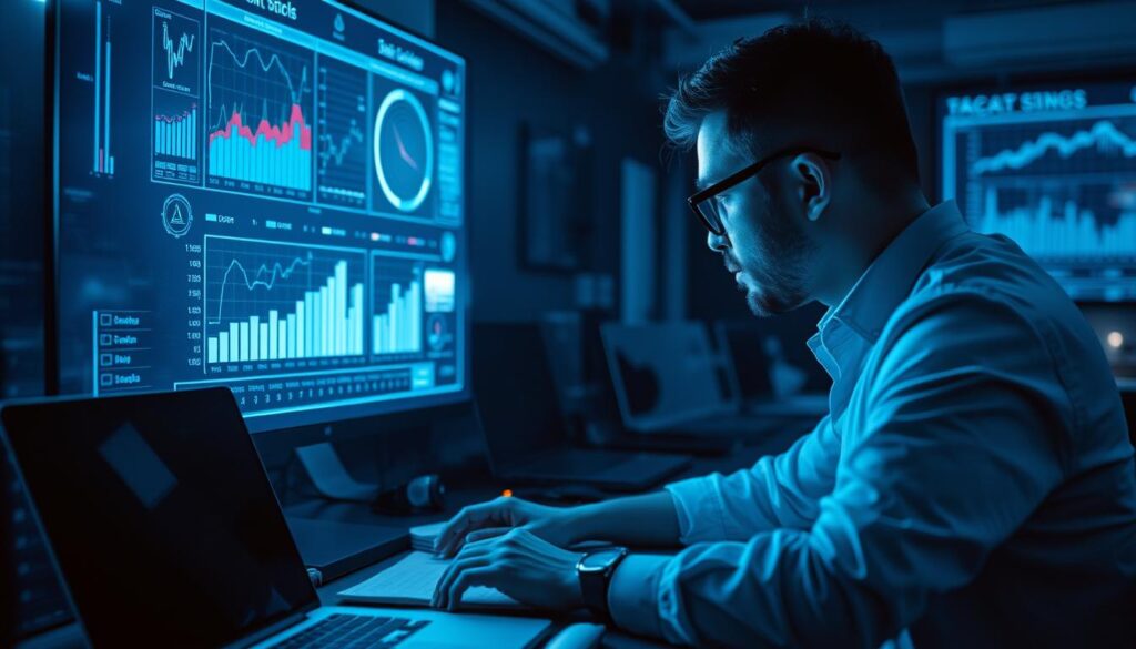 A data analyst studying a holographic display, meticulously examining charts and graphs that illuminate the key insights to elevate the odds of victory in an online baccarat game. The scene is bathed in a cool, blue-tinted lighting, creating an atmosphere of focus and analytical precision. The analyst's workspace is cluttered with notes, laptops, and other tools of the trade, reflecting the depth of their research. Subtle lens flares and a shallow depth of field emphasize the concentration and intensity of the moment, as the analyst strives to uncover the hidden patterns that will give their players the edge they need to triumph.