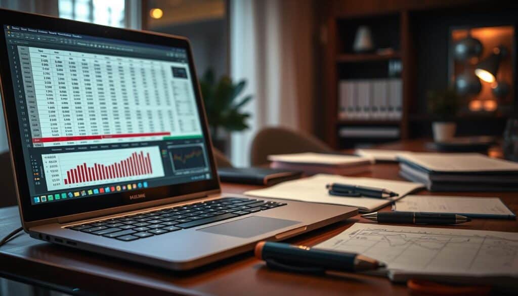 A data-driven analysis of casino gaming strategies, showcasing a serene office setting with a well-organized desk. In the foreground, a laptop displays a complex spreadsheet, its graphs and charts illuminating the intricacies of probability and statistical patterns. Soft, warm lighting creates a contemplative atmosphere, while the middle ground features carefully arranged notebooks, pens, and other analytical tools. The background subtly blurs, drawing the viewer's attention to the core focus - the data-driven pursuit of improved win rates in baccarat.