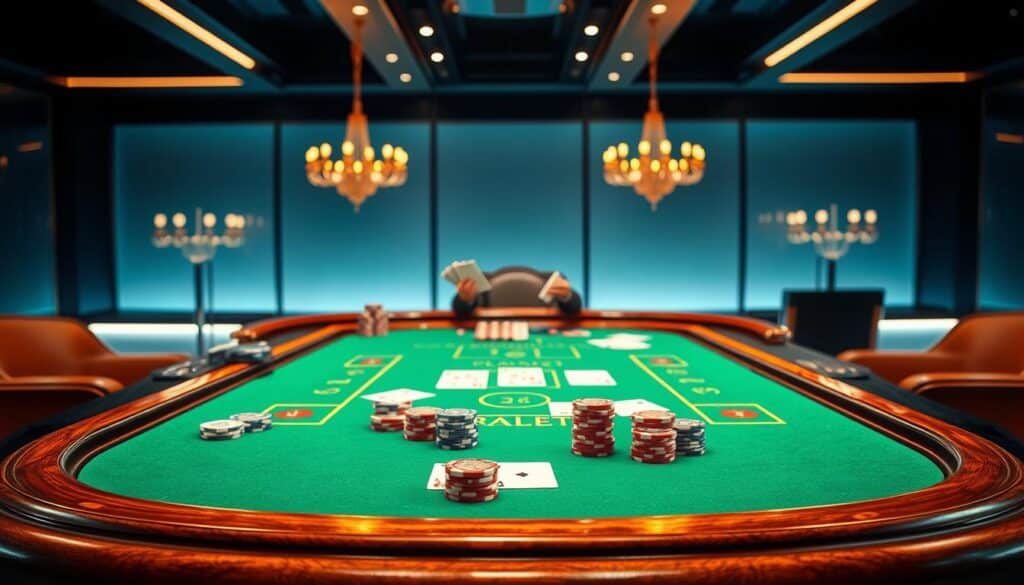 A dazzling online baccarat table set against a sleek, modern backdrop. In the foreground, the vivid green felt surface and polished wooden trim exude an air of sophistication. Strategically placed chips and cards suggest an engaging game in progress, while the dealer's hands deftly manage the dealt cards. In the middle ground, elegant lighting fixtures cast a warm, inviting glow over the scene. The background features a subtle gradient, hinting at the digital realm of the online platform. An overall sense of excitement and potential for big wins pervades the atmosphere, capturing the allure of online baccarat.
