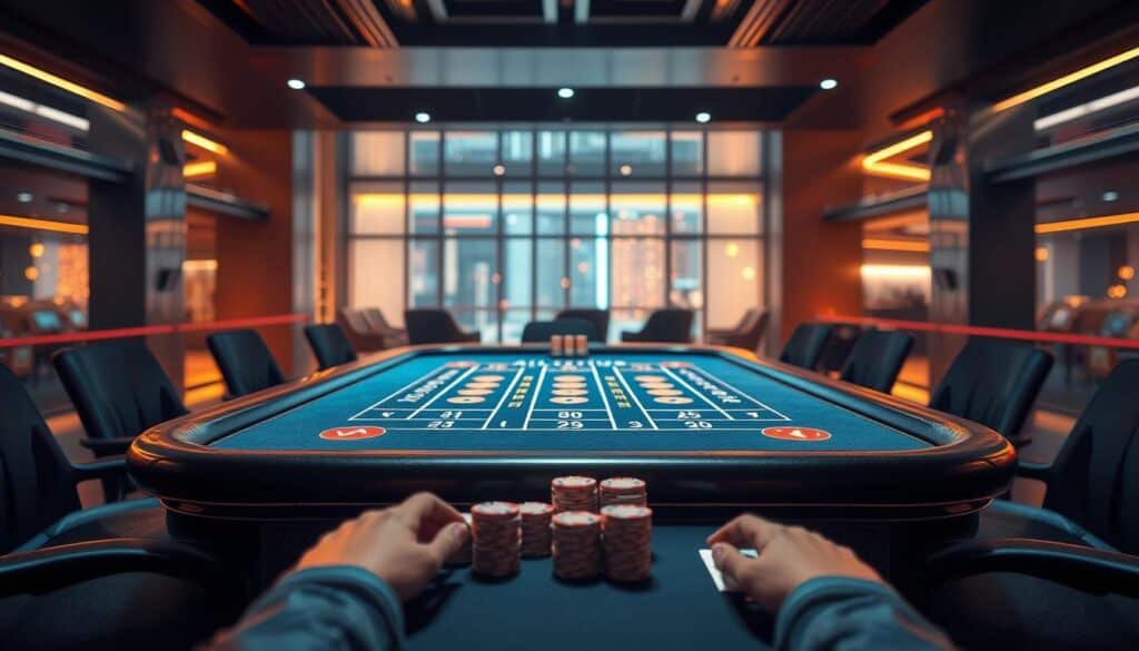 A dazzling virtual casino table against a backdrop of sleek modern architecture, bathed in warm, ambient lighting. On the table, the classic baccarat layout is rendered with intricate detail, inviting players to engage in the time-honored game of chance. The felt surface gleams, the chips stack neatly, and the dealer's hands are poised, ready to deal the cards that will decide the fate of the wagers. The scene exudes a sense of sophistication and excitement, capturing the allure of the burgeoning online baccarat industry in Taiwan.