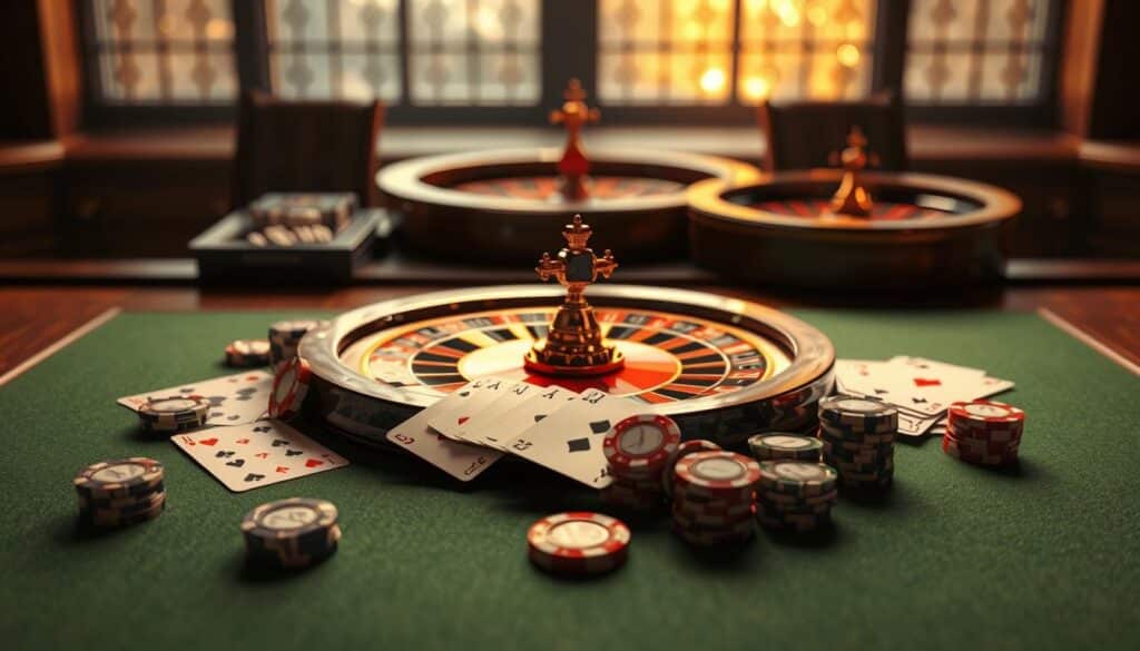 A detailed 3D illustration of the basic rules of the Baccarat card game, depicted on a wooden table surface with a green felt texture. The scene features a central arrangement of playing cards, casino chips, and a roulette wheel, all rendered with a high level of photorealism and attention to detail. The lighting is soft and indirect, creating a warm, inviting atmosphere. The composition is balanced and visually appealing, drawing the viewer's attention to the core elements of the Baccarat game rules. The overall scene conveys a sense of elegance and sophistication, reflecting the timeless appeal of this classic casino game.