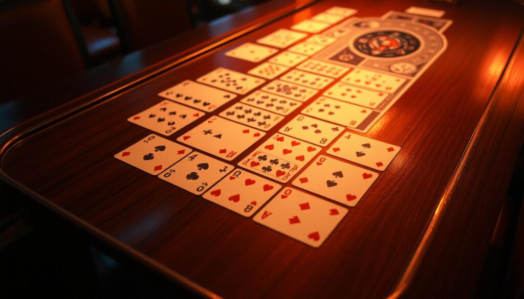 A detailed analysis of Baccarat card patterns on a sleek, polished wooden table, illuminated by warm, soft lighting that casts a subtle glow. The patterns are clearly visible, meticulously documented, and presented in a clean, organized manner, conveying a sense of strategic insight and professionalism. The overall atmosphere is one of focus, concentration, and the pursuit of gaming mastery, reflecting the subject matter of the article section.